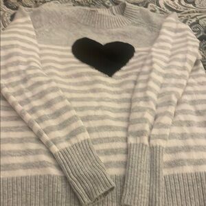 Striped Gray and White Sweater with Black Heart